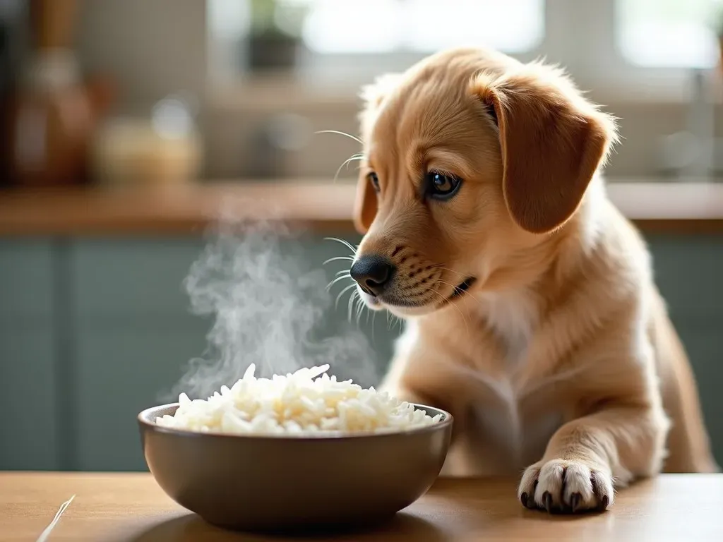 Hund mit kochendem Reis